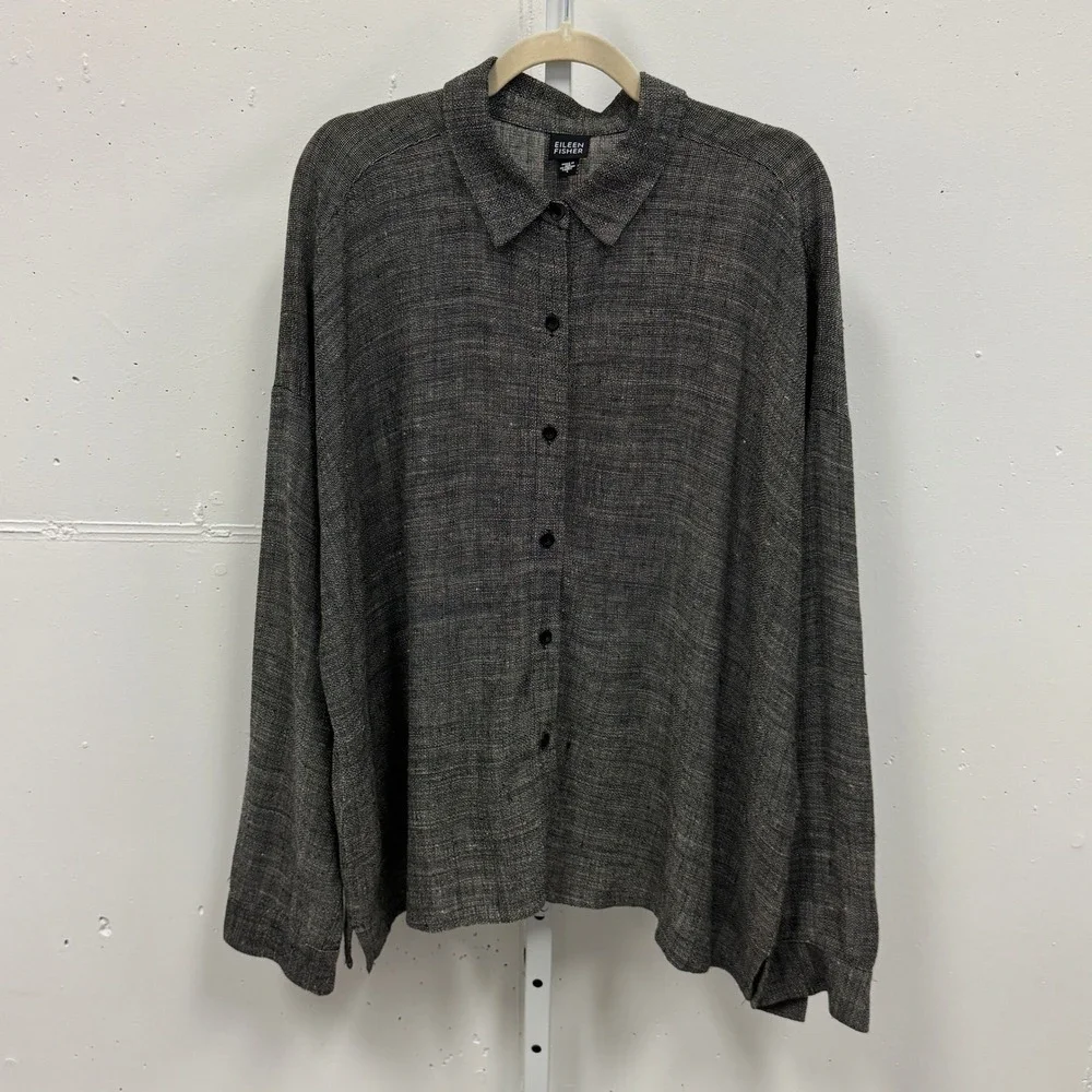 Eileen Fisher Italian Fabric Linen Blend Button Down Shirt Grey Lg Lagenlook